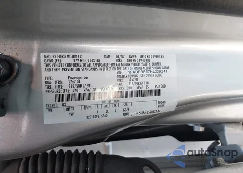 2017 Ford Focus Se z USA, uszkodzony, nr VIN 1FADP3FE7HL339341